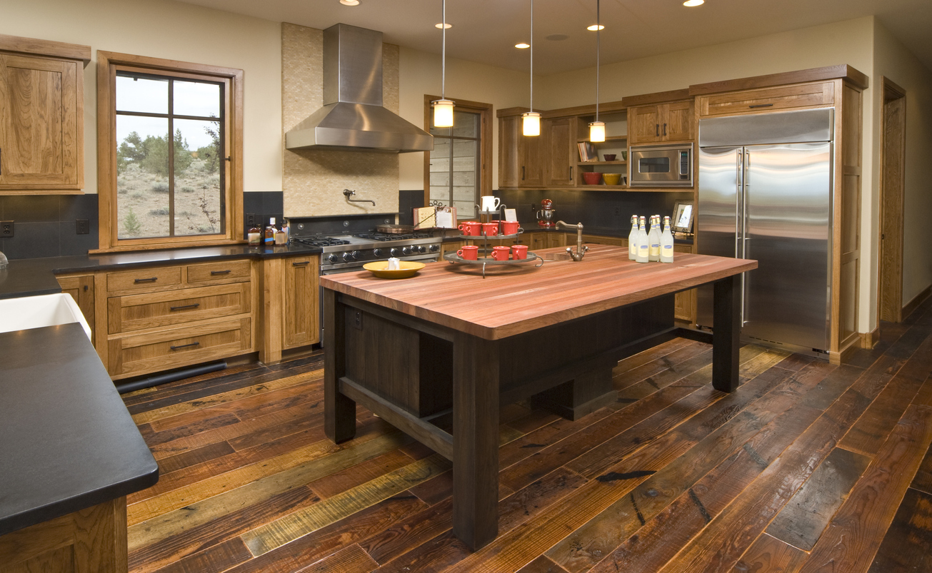 Modern rustic kitchen design with different wooden furniture and fixtures.
